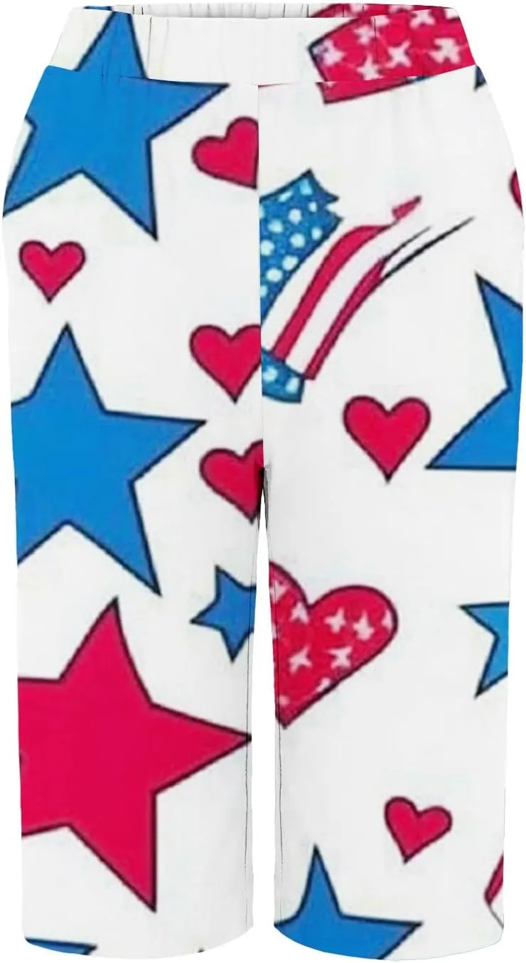 4th of July Linen Pants Women 2025 Summer Patriotic Cotton Linen Capri Shorts Lightweight American Flag Short Pants
