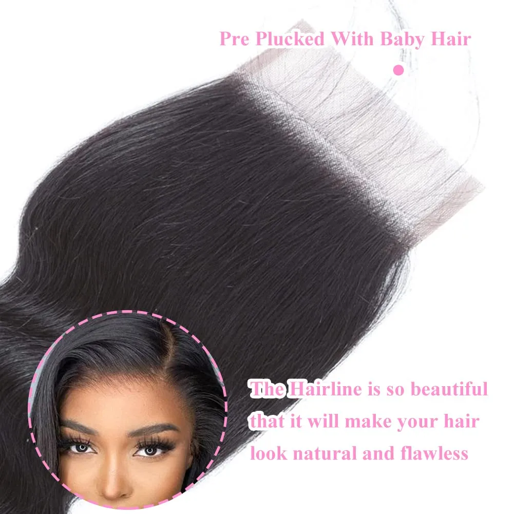 4x4 Transparent HD Lace Closure Only Body Wave Hair Closure Invisible Lace Closure 12A Brazilian Virgin Remy Human Hair Closure 100% Human Hair Extensions Pre Plucked Natural Black Color 14 Inch