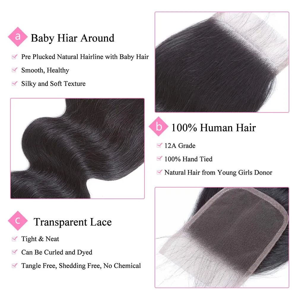 4x4 Transparent HD Lace Closure Only Body Wave Hair Closure Invisible Lace Closure 12A Brazilian Virgin Remy Human Hair Closure 100% Human Hair Extensions Pre Plucked Natural Black Color 14 Inch