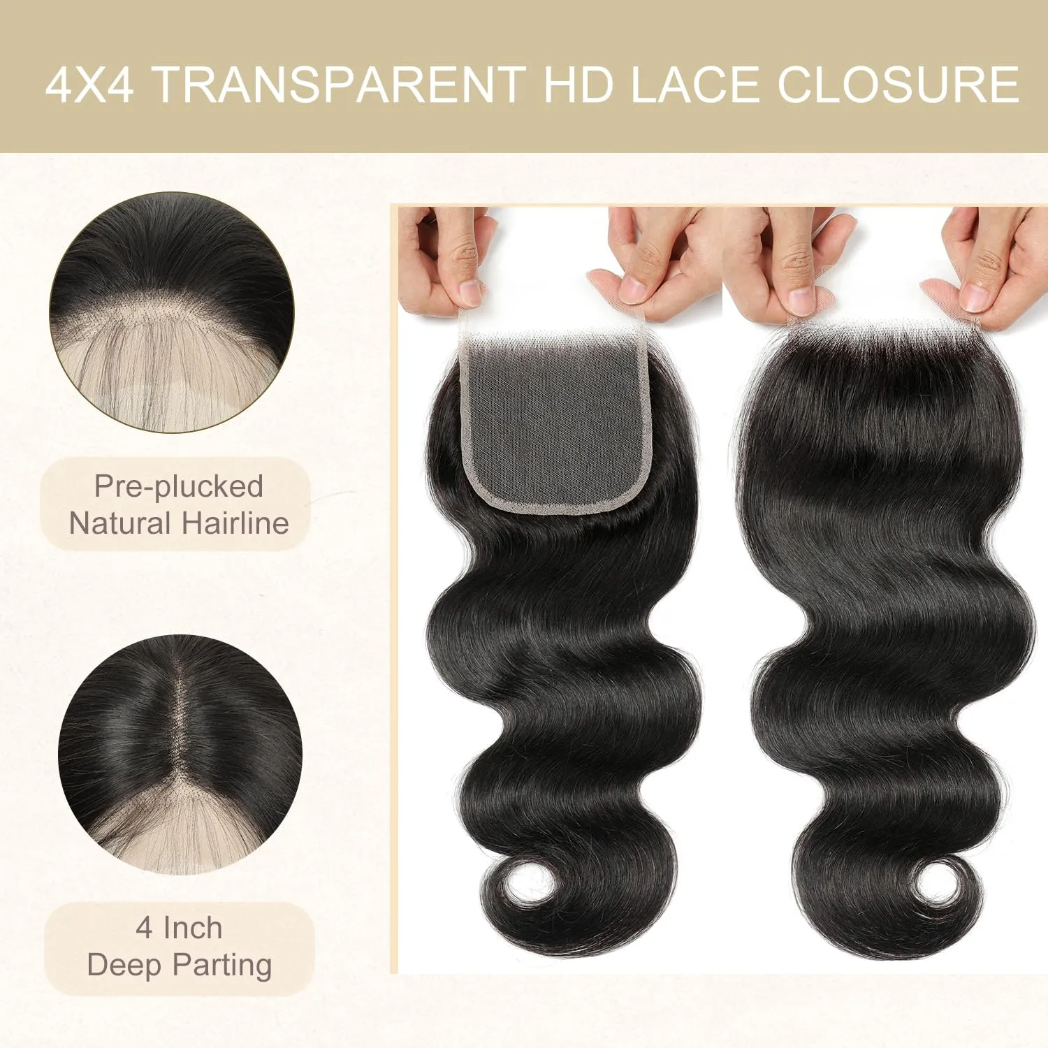 4x4 Transparent HD Lace Closure Virgin Human Hair Closure Invisible Lace Closure Pre Plucked with Baby Hair Natural Black(14Inch,Body Wave)
