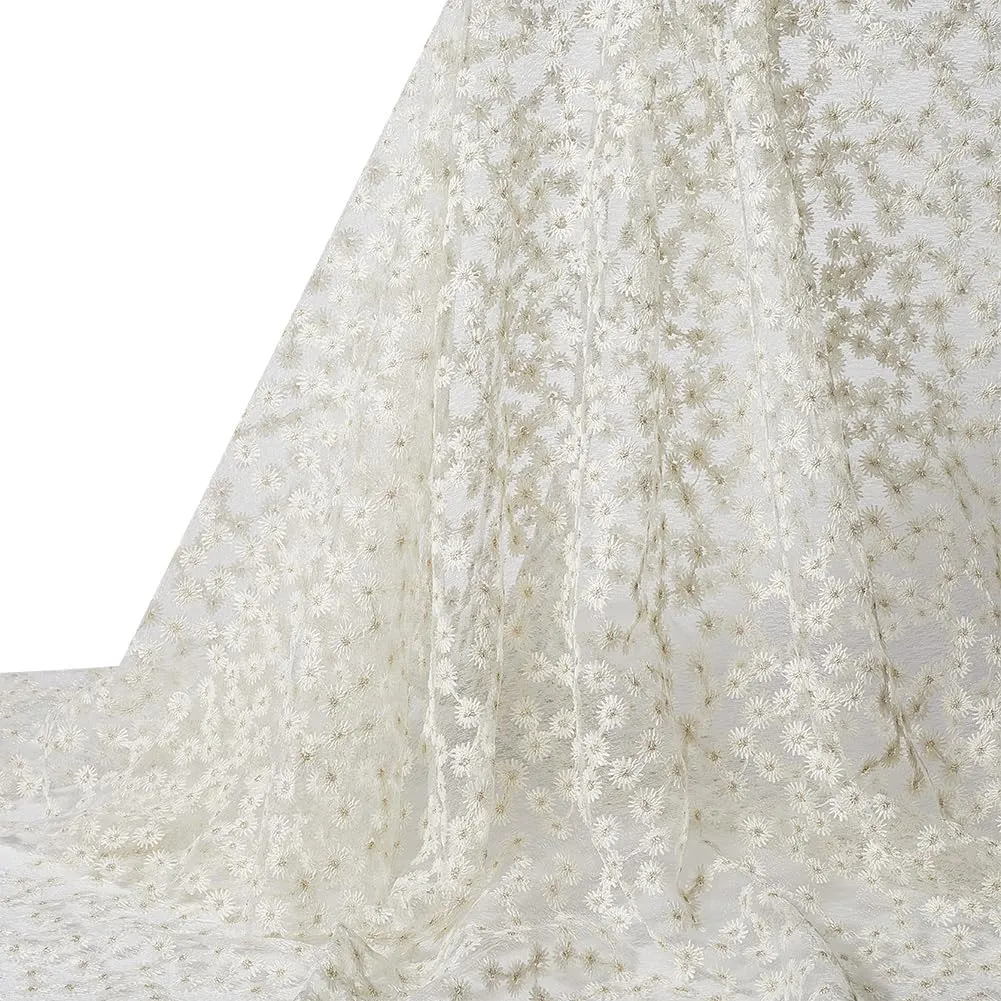 51 Inch Flower Embroidered Tulle Lace Fabric Polyester 3D Embroidery Floral Daisy Mesh Yarn Sheer Voile Fabric By the Yard for Sewing Making Crafts Clothes Dresses Wedding Costume Diy Supply