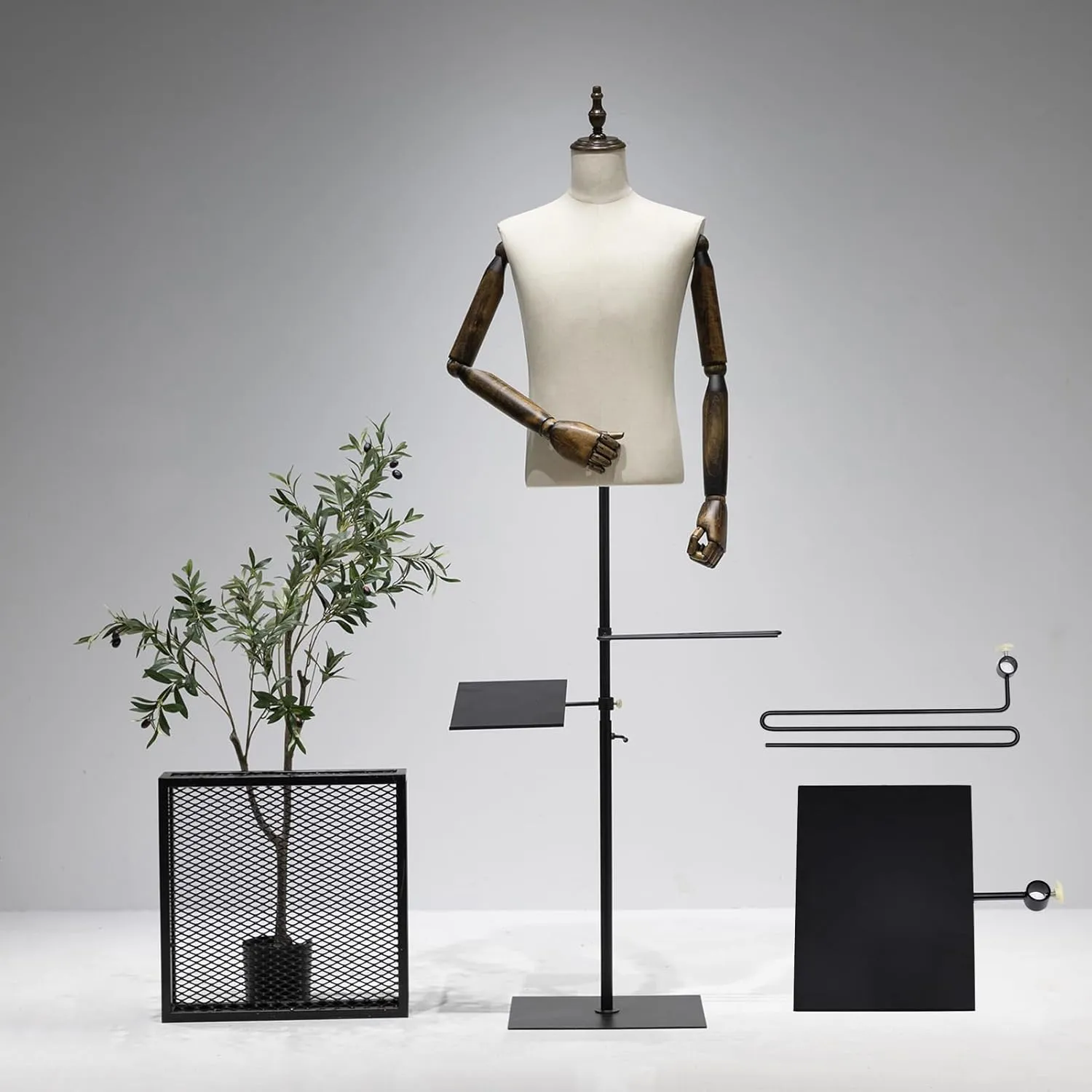 53-76inch Male Mannequin Torso with Wooden Arms Metal Stand, Height Adjustable Dress Form Male with Detachable Trousers Rack and Shoe Holder, Pinnable Torso Display for Clothing Retail Sewing Shop