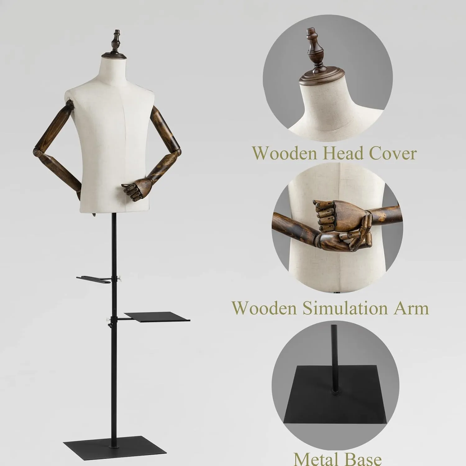 53-76inch Male Mannequin Torso with Wooden Arms Metal Stand, Height Adjustable Dress Form Male with Detachable Trousers Rack and Shoe Holder, Pinnable Torso Display for Clothing Retail Sewing Shop