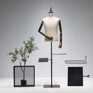 53-76inch Male Mannequin Torso with Wooden Arms Metal Stand, Height Adjustable Dress Form Male with Detachable Trousers Rack and Shoe Holder, Pinnable Torso Display for Clothing Retail Sewing Shop