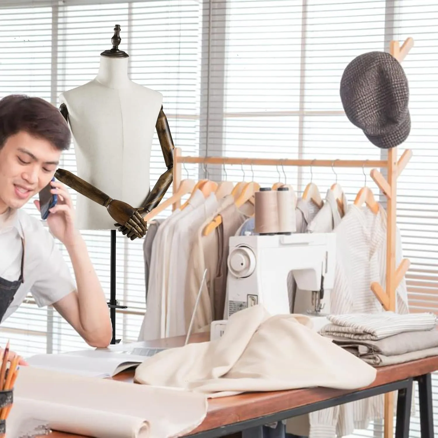 53-76inch Male Mannequin Torso with Wooden Arms Metal Stand, Height Adjustable Dress Form Male with Detachable Trousers Rack and Shoe Holder, Pinnable Torso Display for Clothing Retail Sewing Shop