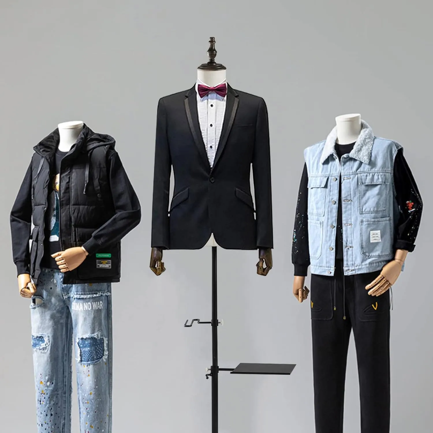 53-76inch Male Mannequin Torso with Wooden Arms Metal Stand, Height Adjustable Dress Form Male with Detachable Trousers Rack and Shoe Holder, Pinnable Torso Display for Clothing Retail Sewing Shop