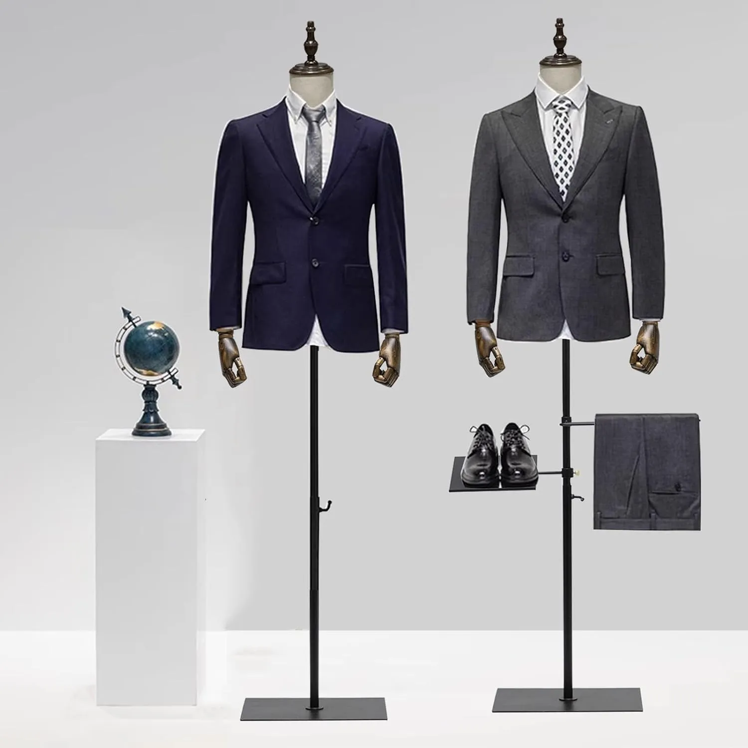 53-76inch Male Mannequin Torso with Wooden Arms Metal Stand, Height Adjustable Dress Form Male with Detachable Trousers Rack and Shoe Holder, Pinnable Torso Display for Clothing Retail Sewing Shop