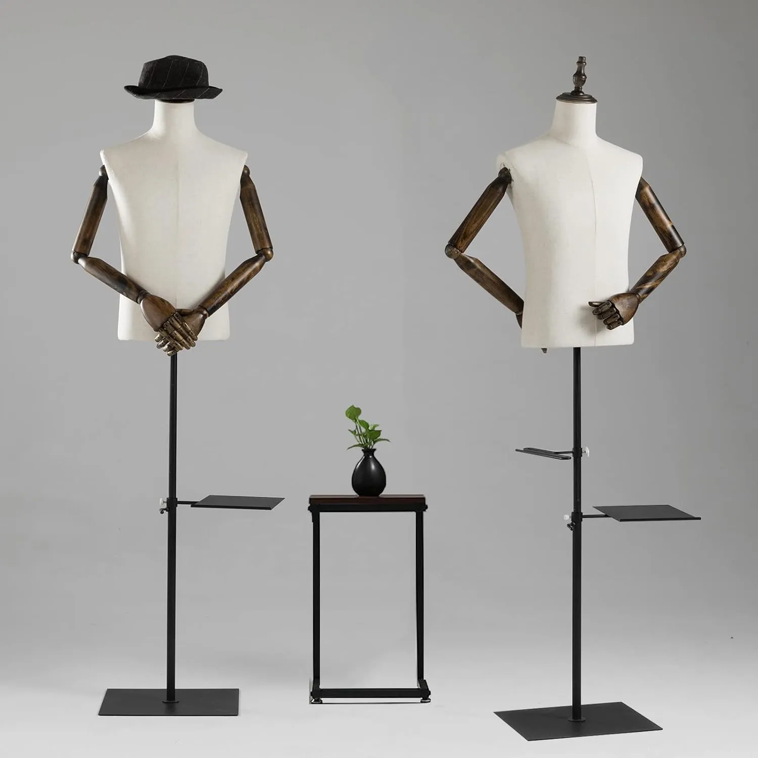 53-76inch Male Mannequin Torso with Wooden Arms Metal Stand, Height Adjustable Dress Form Male with Detachable Trousers Rack and Shoe Holder, Pinnable Torso Display for Clothing Retail Sewing Shop