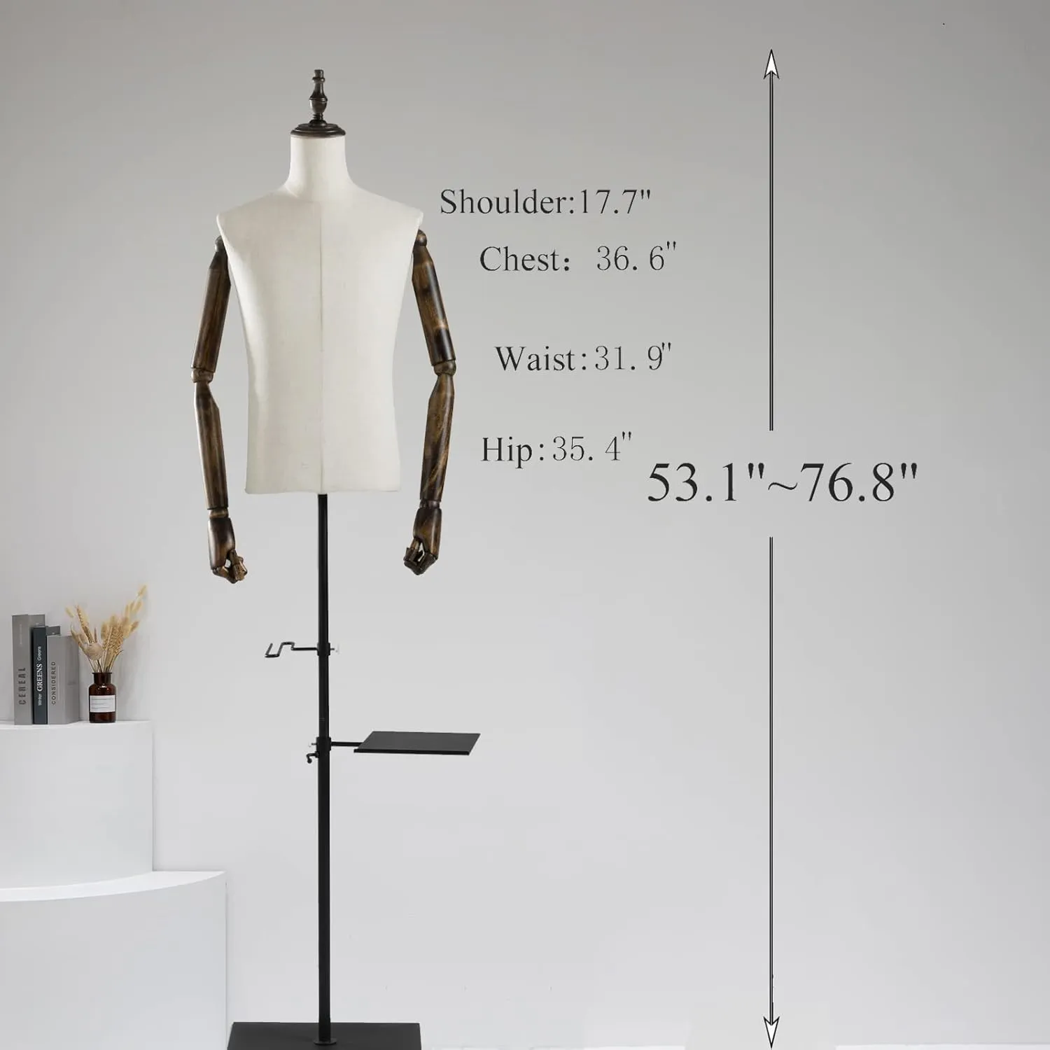 53-76inch Male Mannequin Torso with Wooden Arms Metal Stand, Height Adjustable Dress Form Male with Detachable Trousers Rack and Shoe Holder, Pinnable Torso Display for Clothing Retail Sewing Shop