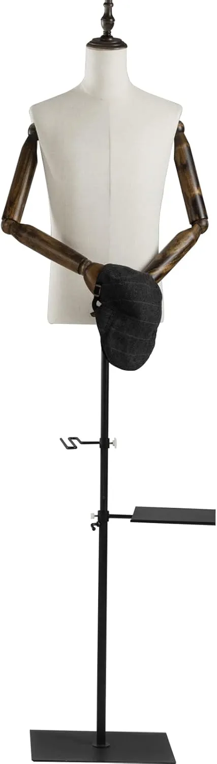 53-76inch Male Mannequin Torso with Wooden Arms Metal Stand, Height Adjustable Dress Form Male with Detachable Trousers Rack and Shoe Holder, Pinnable Torso Display for Clothing Retail Sewing Shop