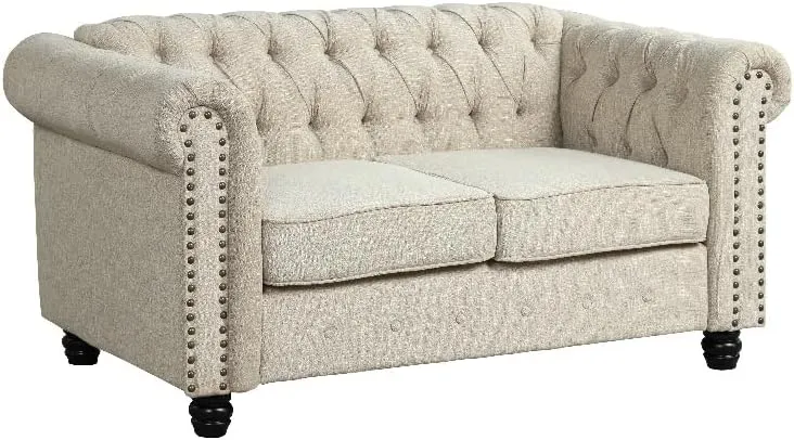 5STARS N&R RN Furnishings Chesterfield 65" Button Tufted Linen Fabric Loveseat-Beige