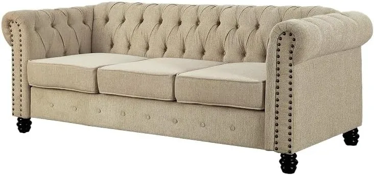 5STARS N&R RN Furnishings Chesterfield 81" Button Tufted Linen Fabric Sofa-Beige