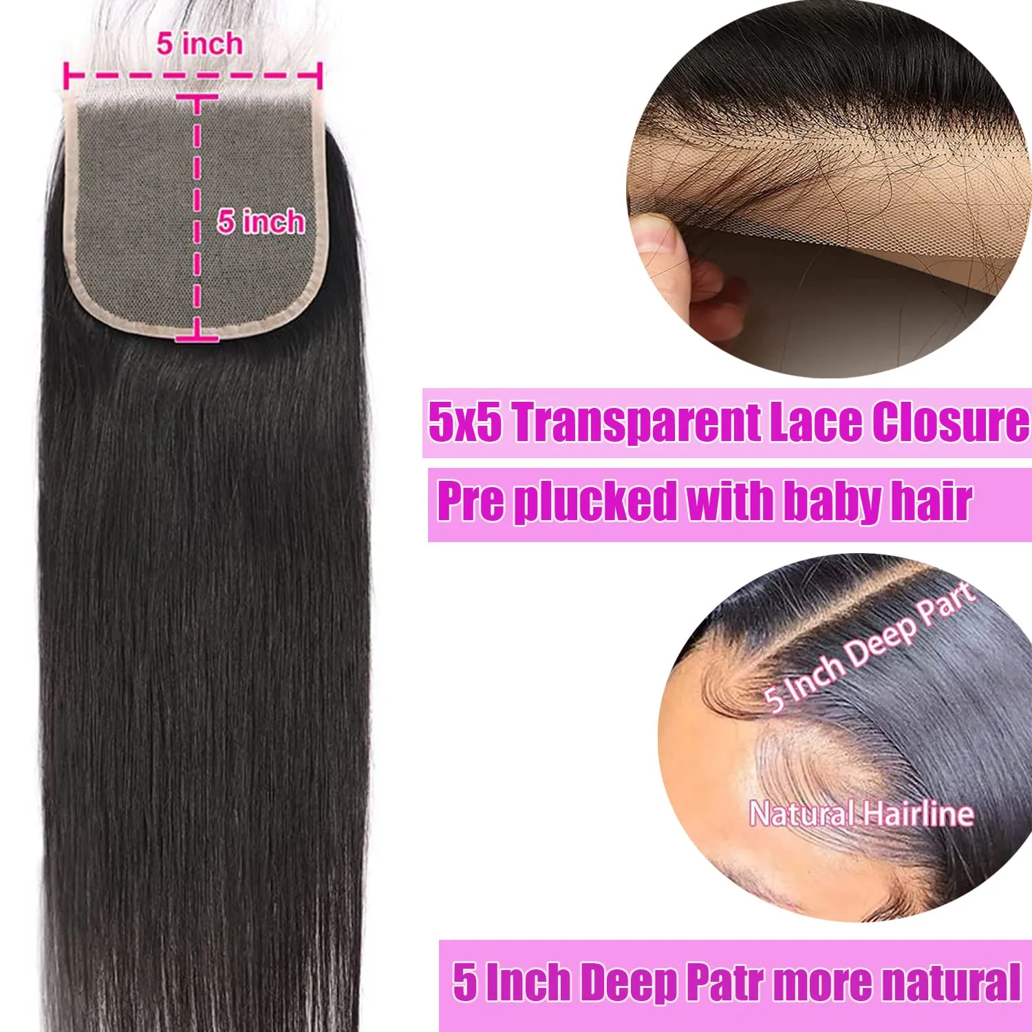 5x5 HD Lace Closure Straight Human Hair 12A Real Transparent Lace Closure Virgin Remy 10inch Black