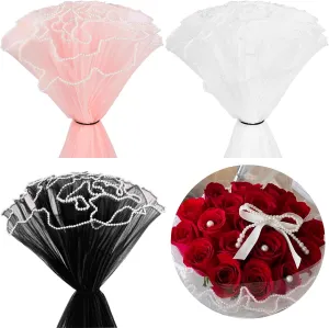 6 Pack Flower Wrapping Mesh Paper, 26.2 Yard Pearl Edge Bouquet Wrapping Packaging Mesh Paper, Wrinkled Translucent for Party Decor, Florist Supplies Wedding Party Gift Packaging (Pink White Black)