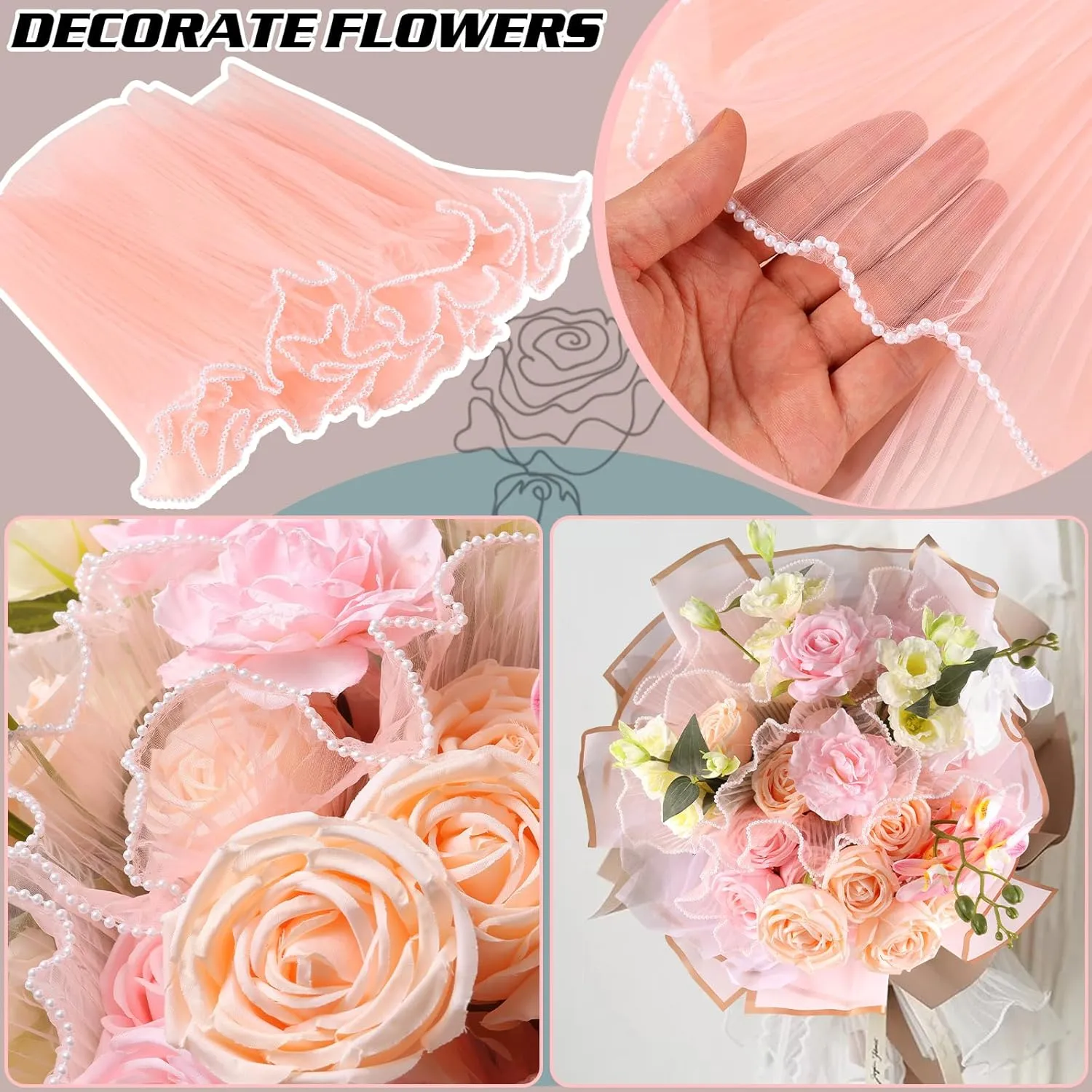 6 Pack Flower Wrapping Mesh Paper, 26.2 Yard Pearl Edge Bouquet Wrapping Packaging Mesh Paper, Wrinkled Translucent for Party Decor, Florist Supplies Wedding Party Gift Packaging (Pink White Black)