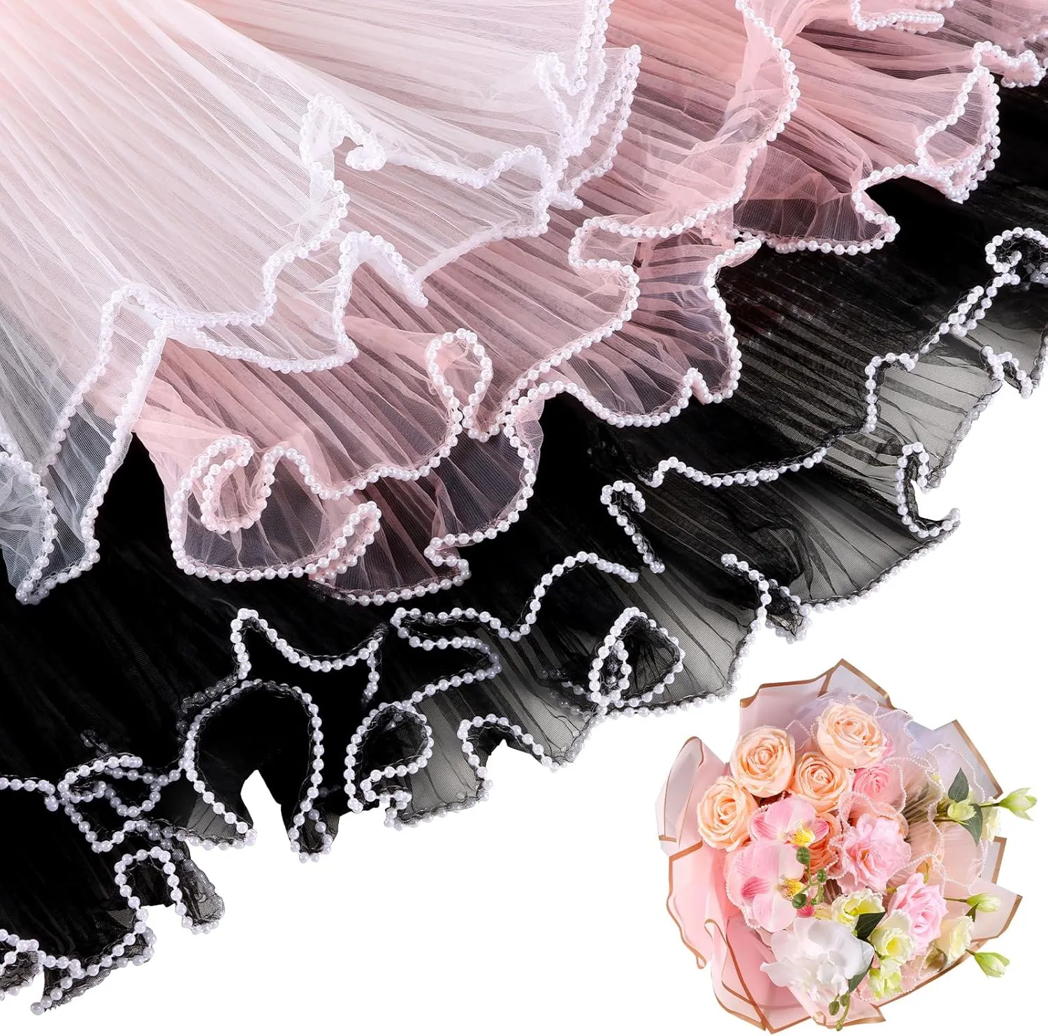 6 Pack Flower Wrapping Mesh Paper, 26.2 Yard Pearl Edge Bouquet Wrapping Packaging Mesh Paper, Wrinkled Translucent for Party Decor, Florist Supplies Wedding Party Gift Packaging (Pink White Black)