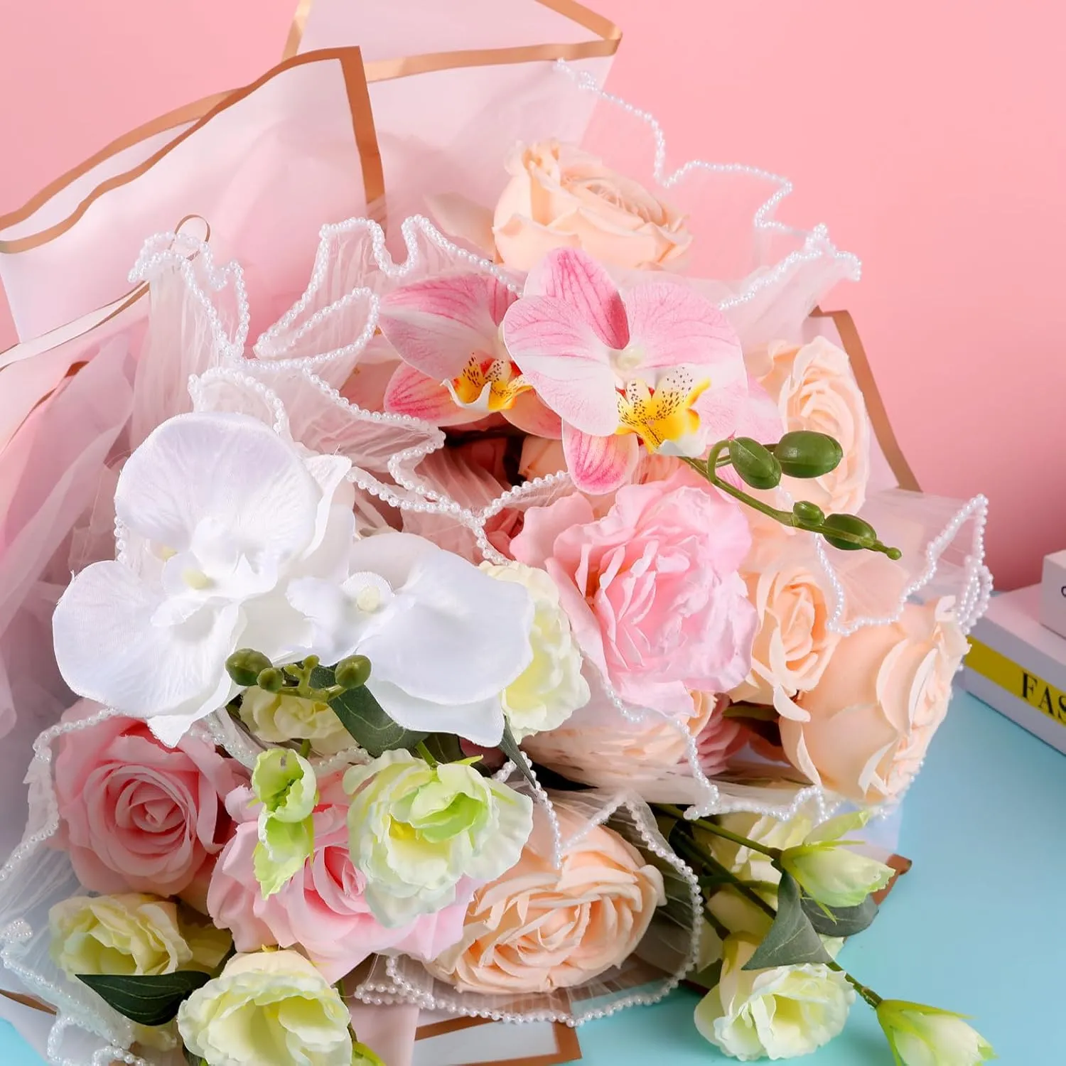 6 Pack Flower Wrapping Mesh Paper, 26.2 Yard Pearl Edge Bouquet Wrapping Packaging Mesh Paper, Wrinkled Translucent for Party Decor, Florist Supplies Wedding Party Gift Packaging (Pink White Black)