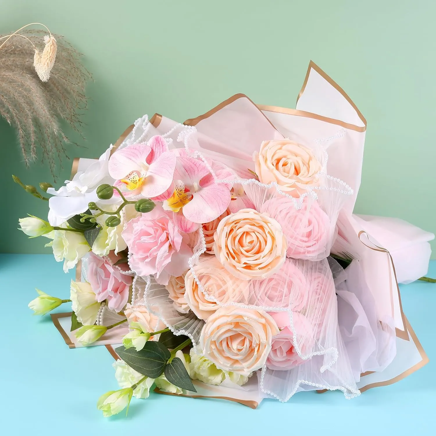 6 Pack Flower Wrapping Mesh Paper, 26.2 Yard Pearl Edge Bouquet Wrapping Packaging Mesh Paper, Wrinkled Translucent for Party Decor, Florist Supplies Wedding Party Gift Packaging (Pink White Black)