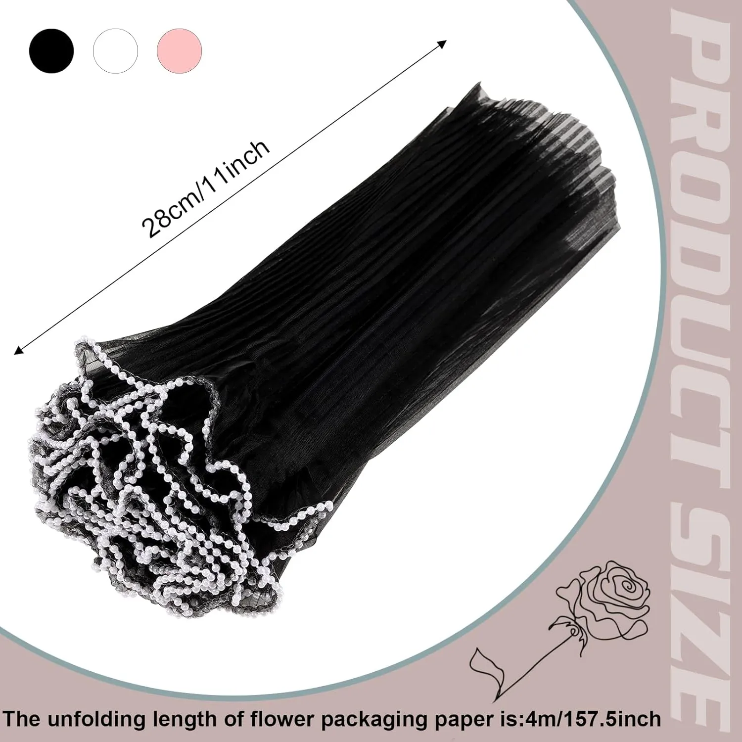 6 Pack Flower Wrapping Mesh Paper, 26.2 Yard Pearl Edge Bouquet Wrapping Packaging Mesh Paper, Wrinkled Translucent for Party Decor, Florist Supplies Wedding Party Gift Packaging (Pink White Black)