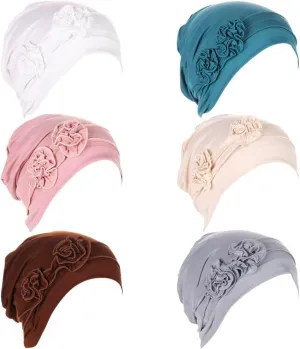 6 Pieces Women Turban Flower Caps Chemo Headwear Sleep Cap Vintage Soft Turbans Beanies Headwrap Hat