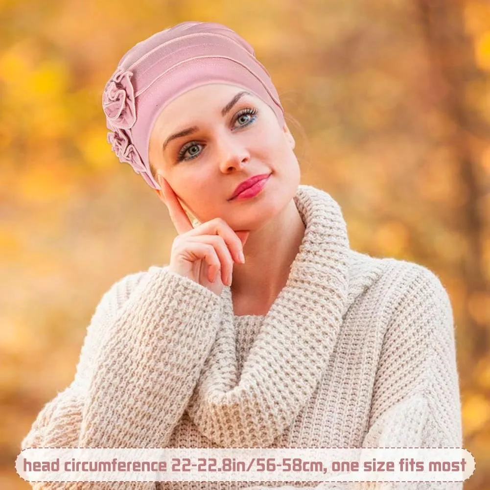 6 Pieces Women Turban Flower Caps Chemo Headwear Sleep Cap Vintage Soft Turbans Beanies Headwrap Hat
