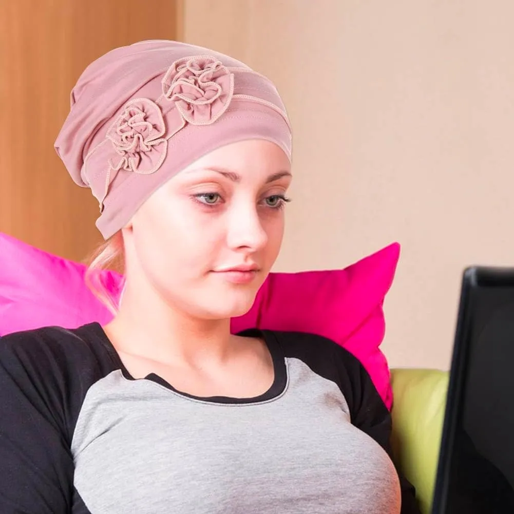 6 Pieces Women Turban Flower Caps Chemo Headwear Sleep Cap Vintage Soft Turbans Beanies Headwrap Hat