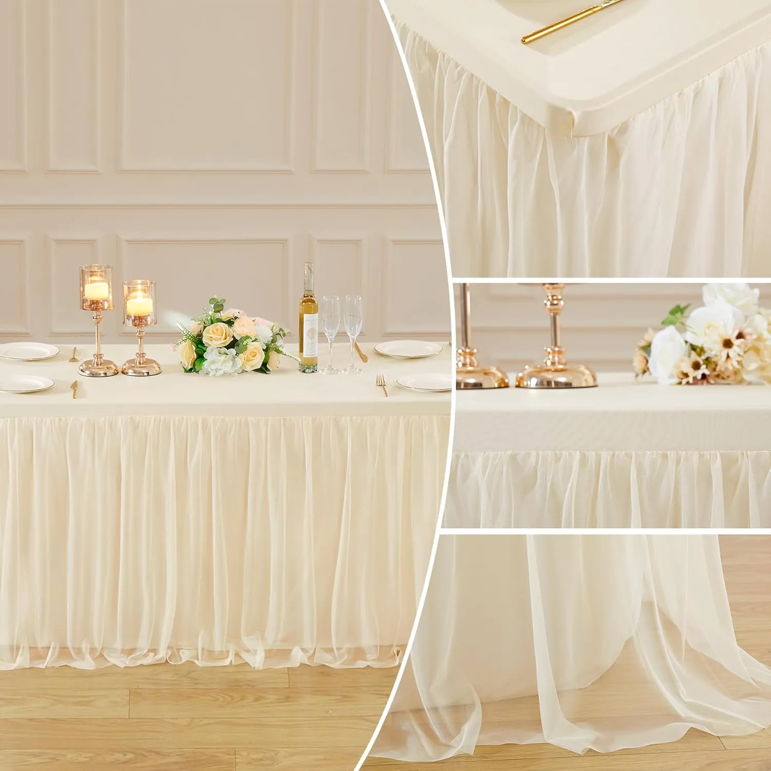 6ft Champagne Tulle Tablecloths for Rectangle Tables, 72 x 30 Inch Rectangular Table Cloth, Wrinkle Free Table Cover with Tutu Skirt for Wedding Birthday Party Banquet Buffet Cake Desk Decorations