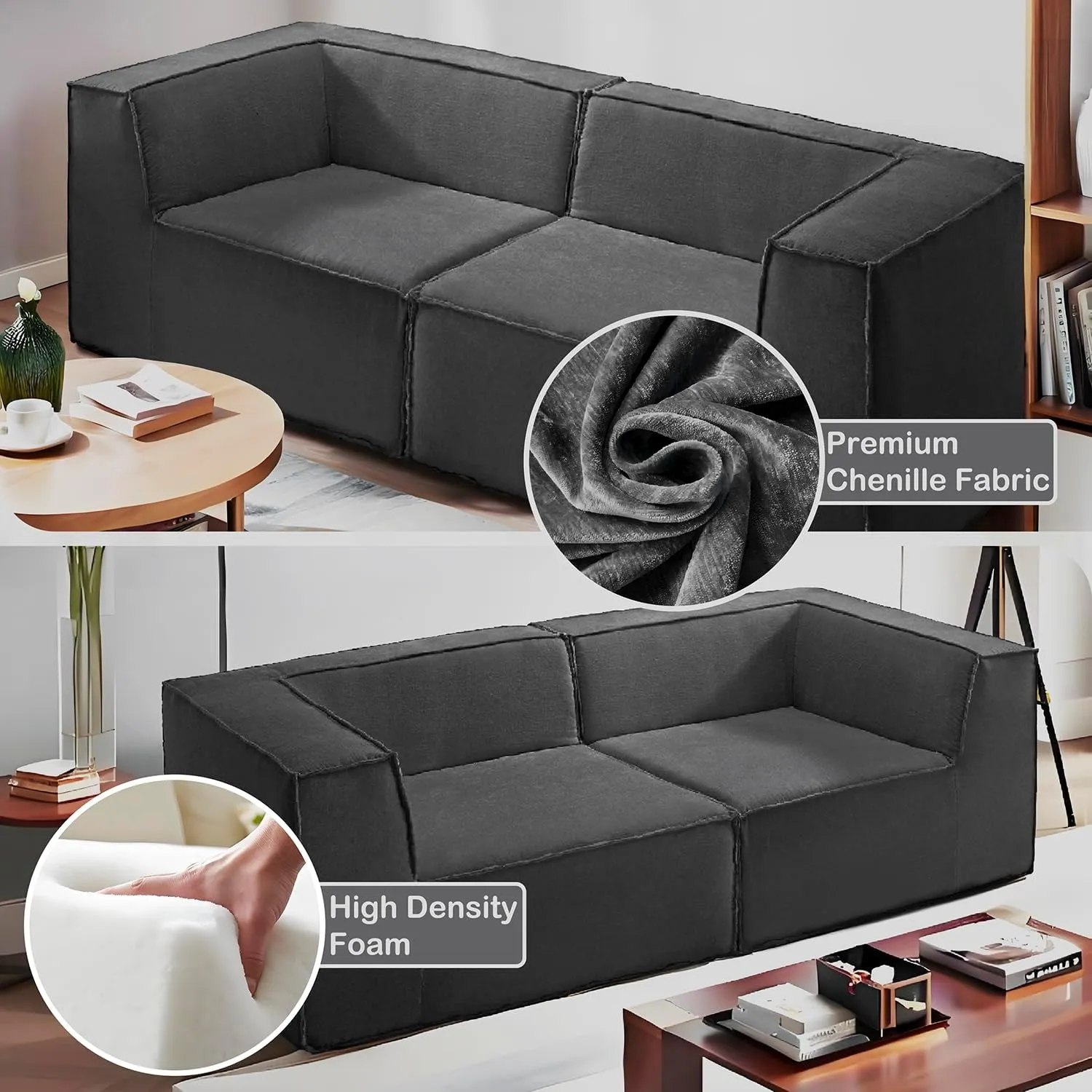 76" Loveseat Modular Sectional Sofa 2-Piece Thick Foam Convertible Cube Couch 2 Two Seat 59 inch Set, No Assembly Space-Saving for Living Room Fabric Chenille Dark Gery (2xCorner)