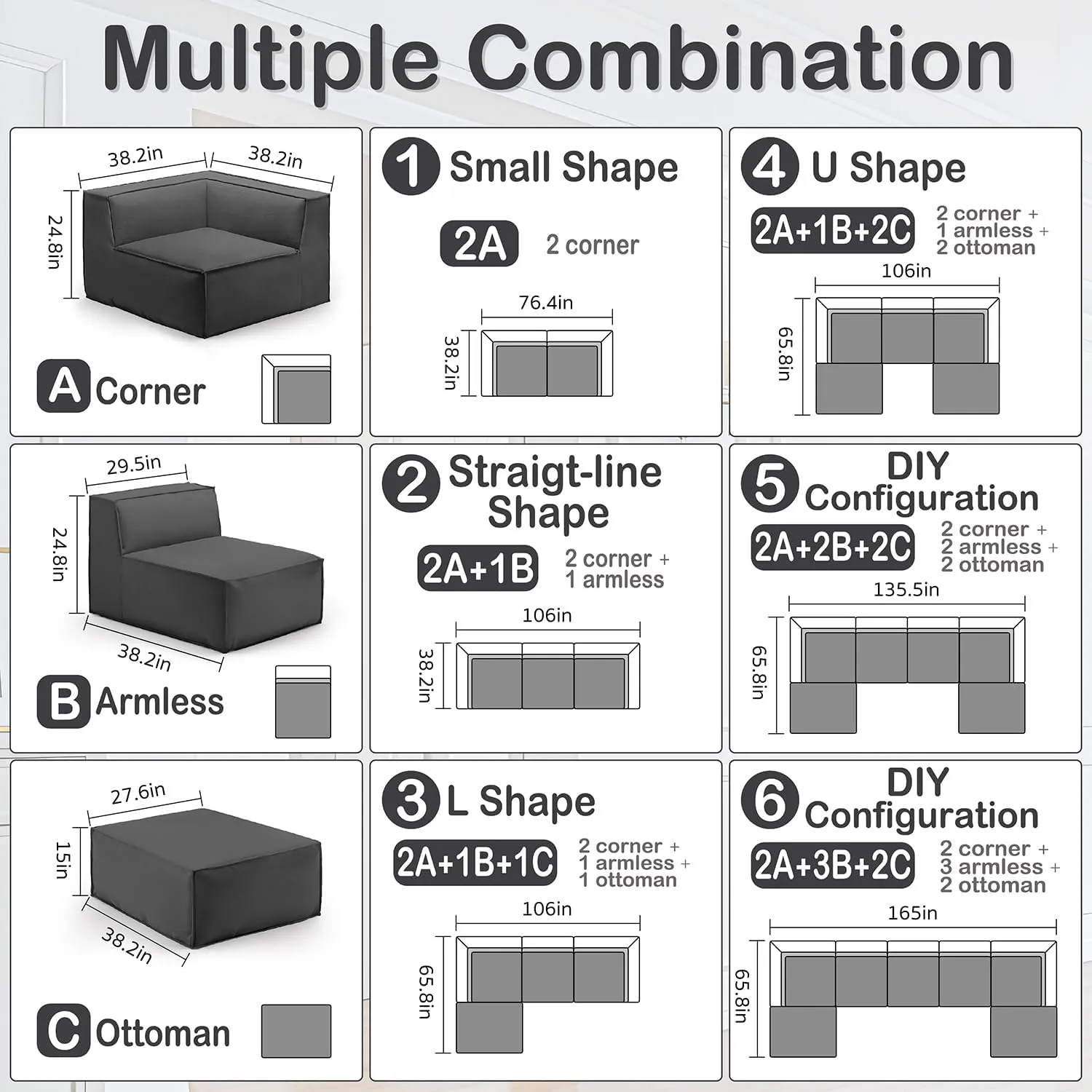76" Loveseat Modular Sectional Sofa 2-Piece Thick Foam Convertible Cube Couch 2 Two Seat 59 inch Set, No Assembly Space-Saving for Living Room Fabric Chenille Dark Gery (2xCorner)