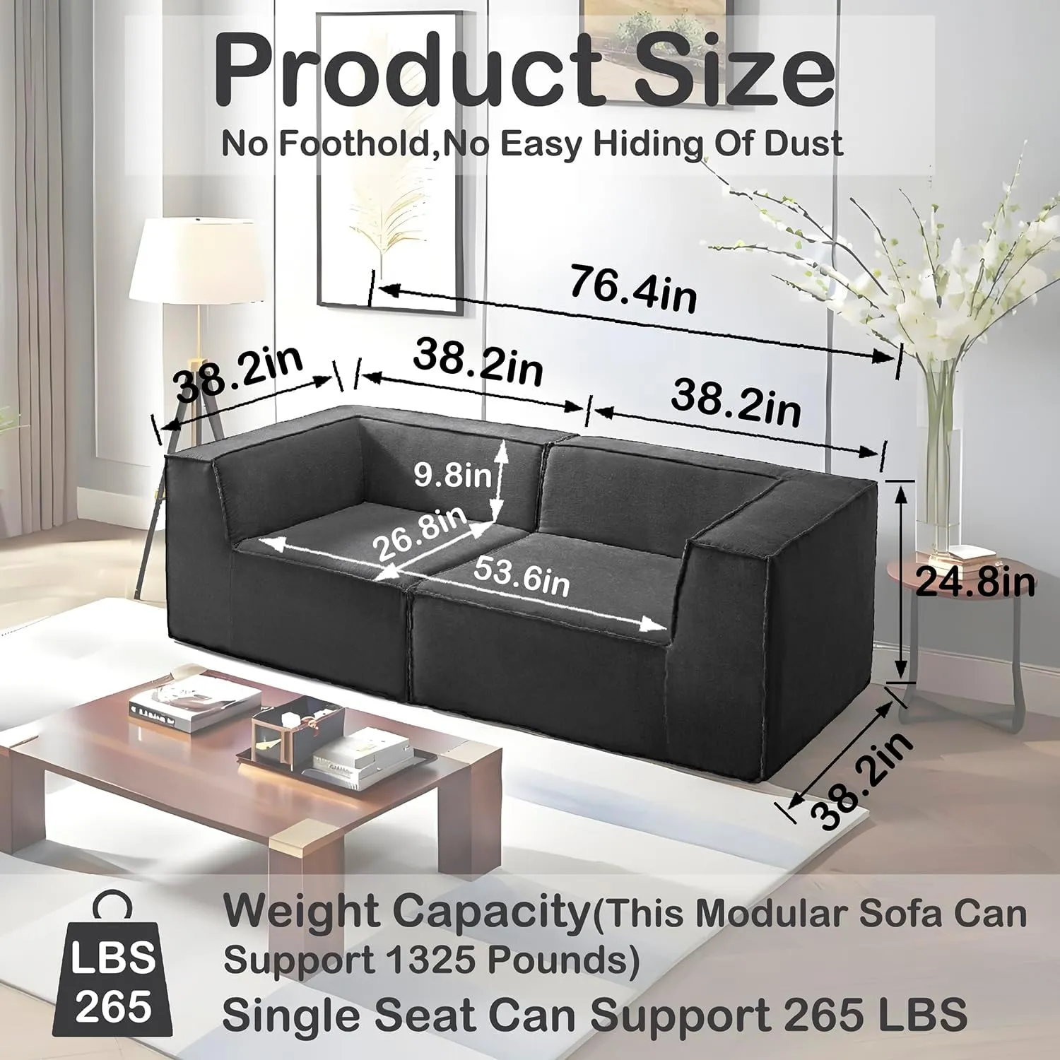 76" Loveseat Modular Sectional Sofa 2-Piece Thick Foam Convertible Cube Couch 2 Two Seat 59 inch Set, No Assembly Space-Saving for Living Room Fabric Chenille Dark Gery (2xCorner)