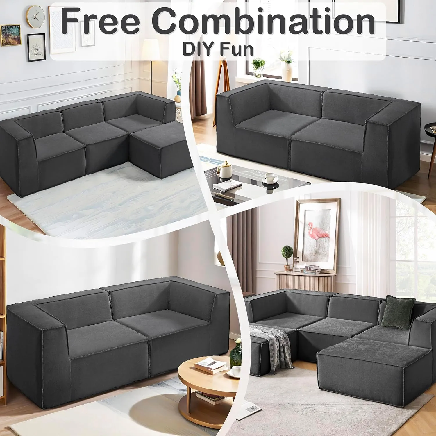 76" Loveseat Modular Sectional Sofa 2-Piece Thick Foam Convertible Cube Couch 2 Two Seat 59 inch Set, No Assembly Space-Saving for Living Room Fabric Chenille Dark Gery (2xCorner)