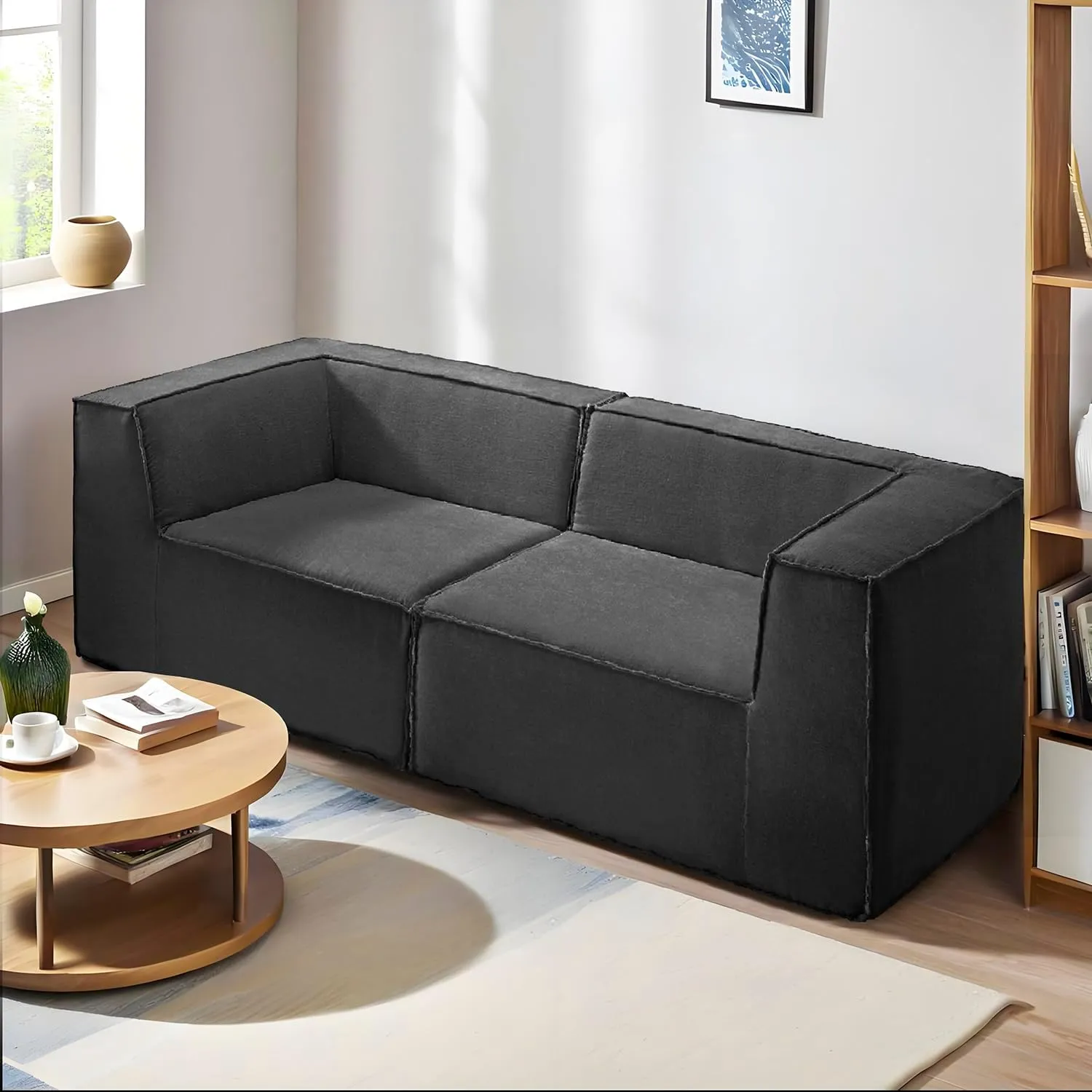 76" Loveseat Modular Sectional Sofa 2-Piece Thick Foam Convertible Cube Couch 2 Two Seat 59 inch Set, No Assembly Space-Saving for Living Room Fabric Chenille Dark Gery (2xCorner)