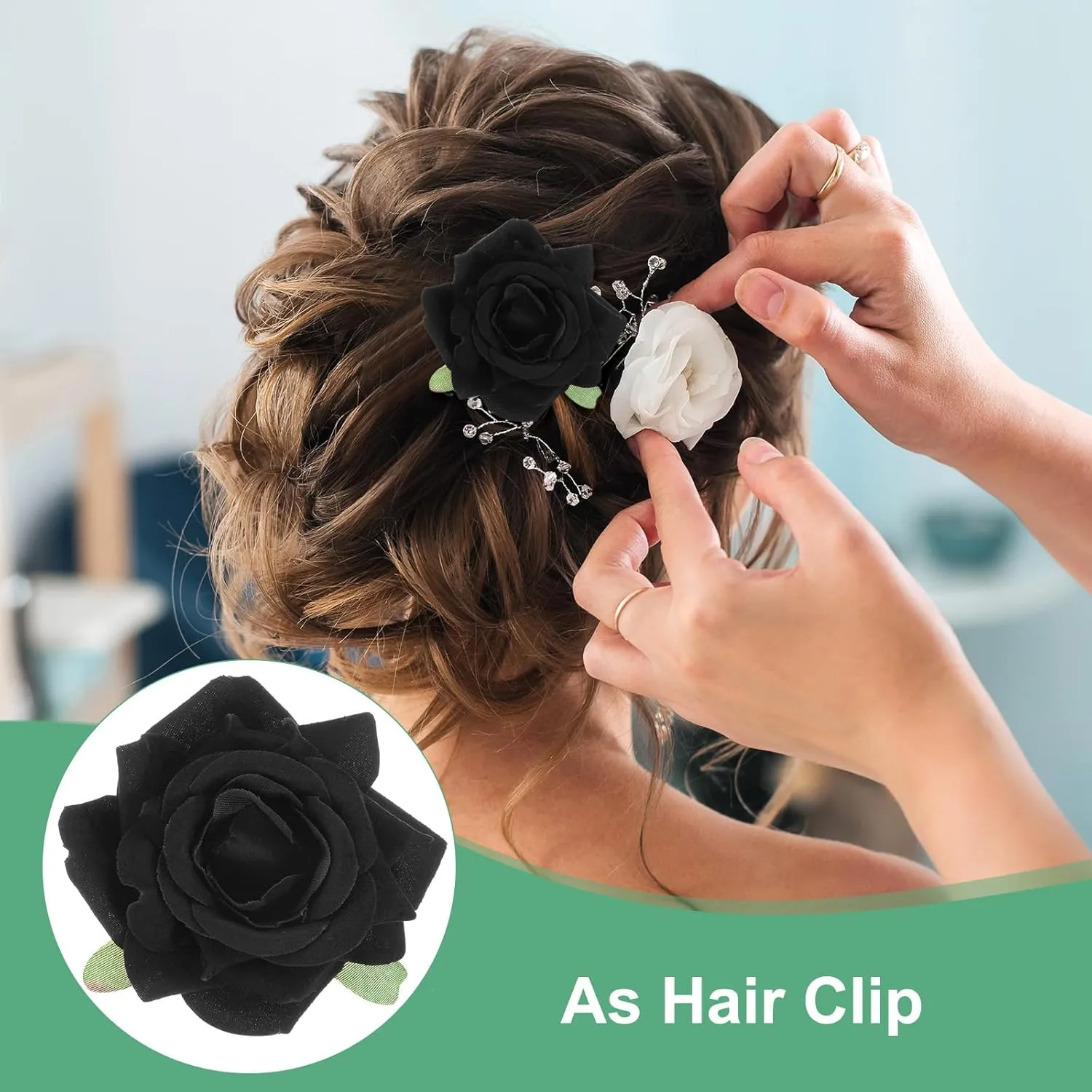 8-Pack Rose Hair Clips, 2.56 Inch Flower Hairpin Cloth Floral Brooch for Bridal Wedding/Party/Women Hair Accessories, Hair Flowers Headpiece Floral Hair Pins [6.5cm, Black]
