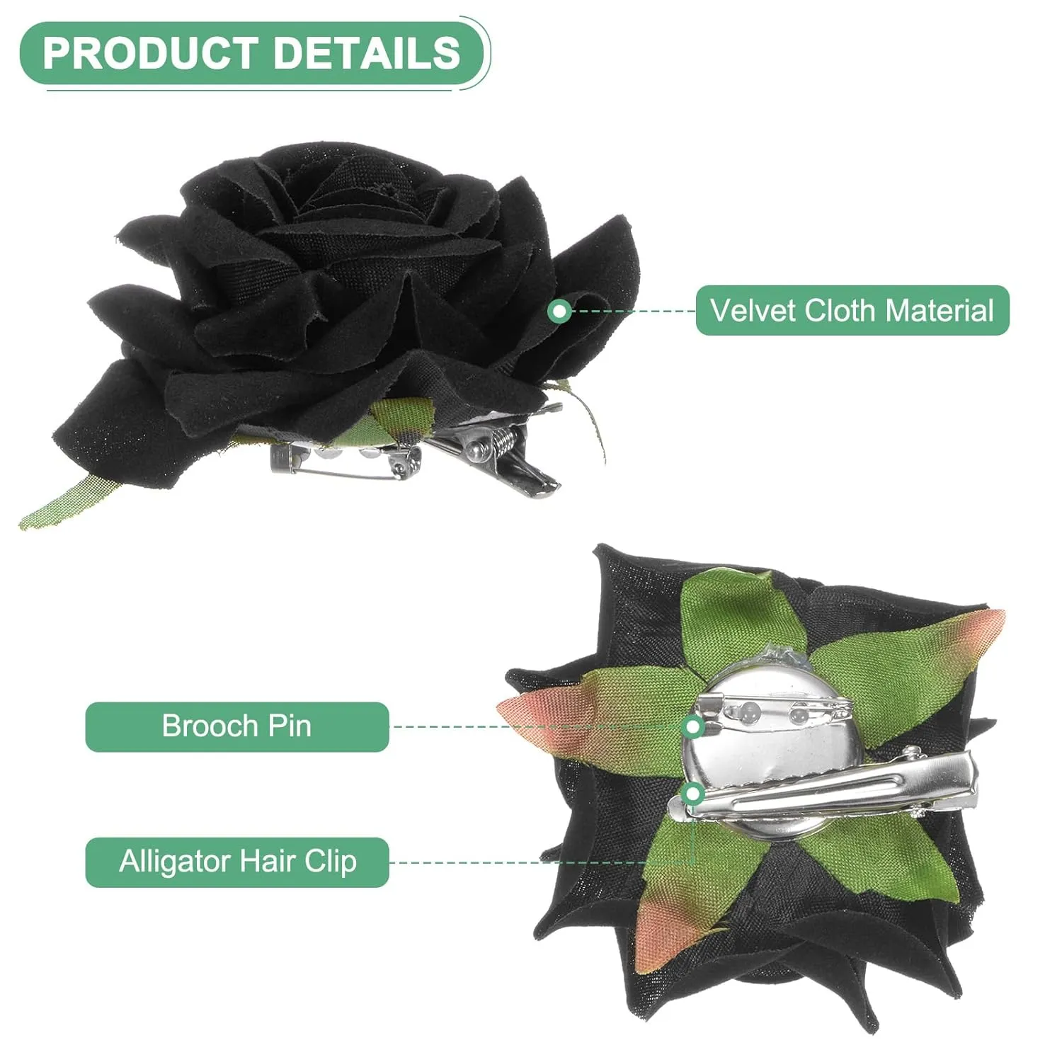 8-Pack Rose Hair Clips, 2.56 Inch Flower Hairpin Cloth Floral Brooch for Bridal Wedding/Party/Women Hair Accessories, Hair Flowers Headpiece Floral Hair Pins [6.5cm, Black]