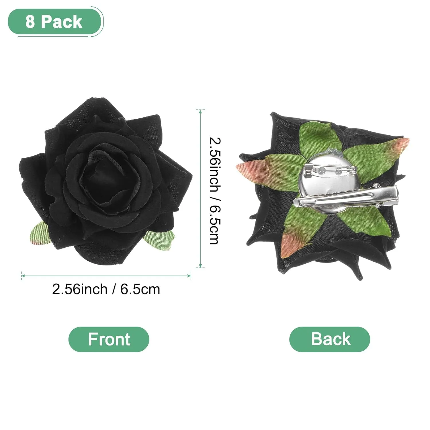 8-Pack Rose Hair Clips, 2.56 Inch Flower Hairpin Cloth Floral Brooch for Bridal Wedding/Party/Women Hair Accessories, Hair Flowers Headpiece Floral Hair Pins [6.5cm, Black]