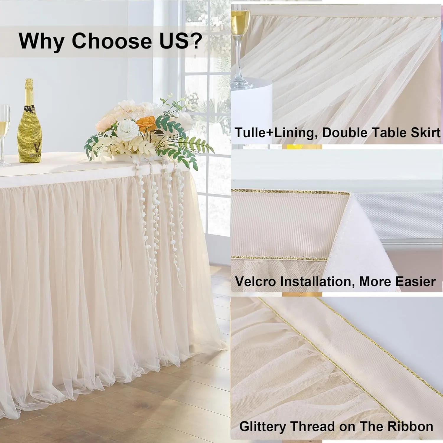96in Champagne Gold Tulle Table Skirts for Rectangle Tables 8ft 6ft 4ft, 2-Layer Beige Ruffle Tulle Tutu Cloth Table Skirt 8ft for Wedding Party Birthday Baby Shower Cake Dessert(No Table Cover)