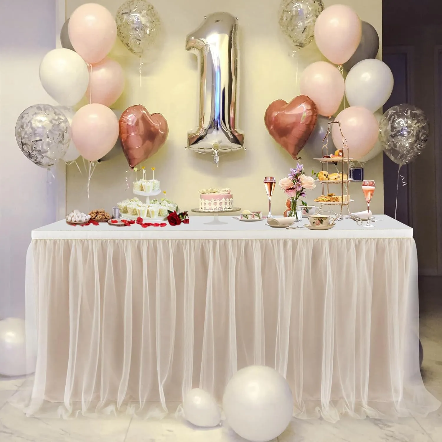 96in Champagne Gold Tulle Table Skirts for Rectangle Tables 8ft 6ft 4ft, 2-Layer Beige Ruffle Tulle Tutu Cloth Table Skirt 8ft for Wedding Party Birthday Baby Shower Cake Dessert(No Table Cover)