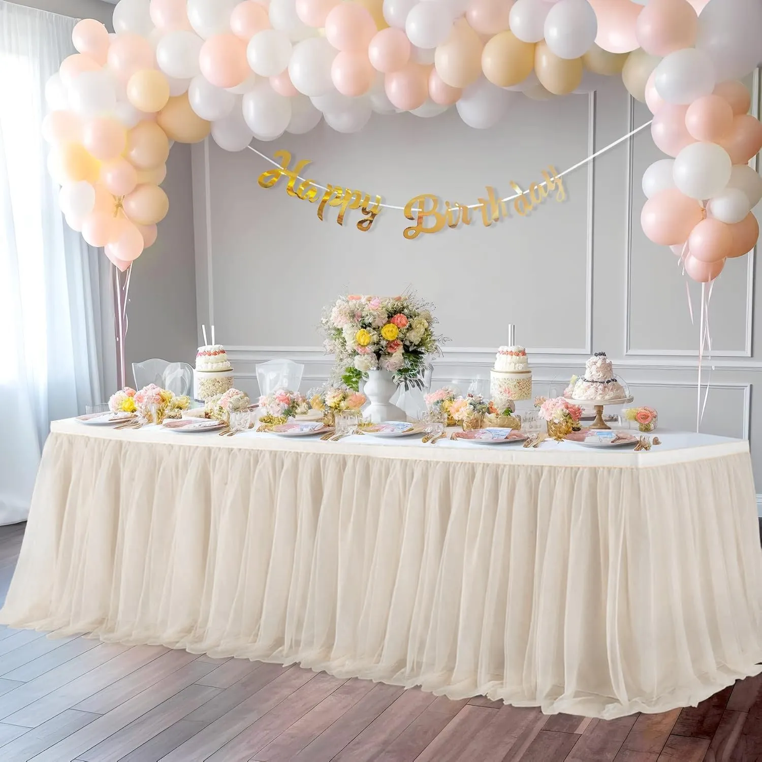 96in Champagne Gold Tulle Table Skirts for Rectangle Tables 8ft 6ft 4ft, 2-Layer Beige Ruffle Tulle Tutu Cloth Table Skirt 8ft for Wedding Party Birthday Baby Shower Cake Dessert(No Table Cover)