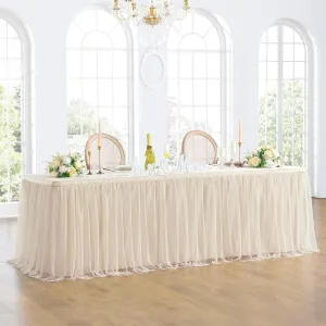 96in Champagne Gold Tulle Table Skirts for Rectangle Tables 8ft 6ft 4ft, 2-Layer Beige Ruffle Tulle Tutu Cloth Table Skirt 8ft for Wedding Party Birthday Baby Shower Cake Dessert(No Table Cover)