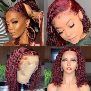 99j Burgundy Bob Lace Front Wigs Human Hair for Women 13x4 Hd Lace Frontal Short Curly Glueless Bob Wigs Pre Plucked Brazilian Remy Hair Wigs Wine Red Color 12 inch