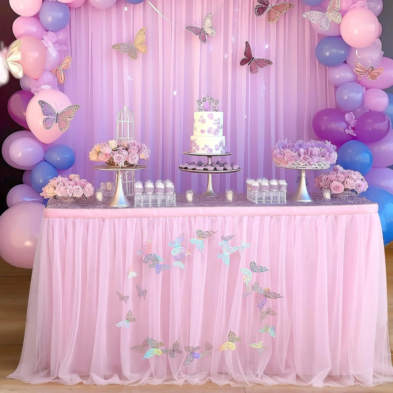 9ft Pink Butterfly Table Skirt for Rectangle Tables or Round Tables Tulle Tutu Table Skirt for Butterfly Theme Baby Shower Girls Birthday Party Wedding Cake Dessert Table Decorations