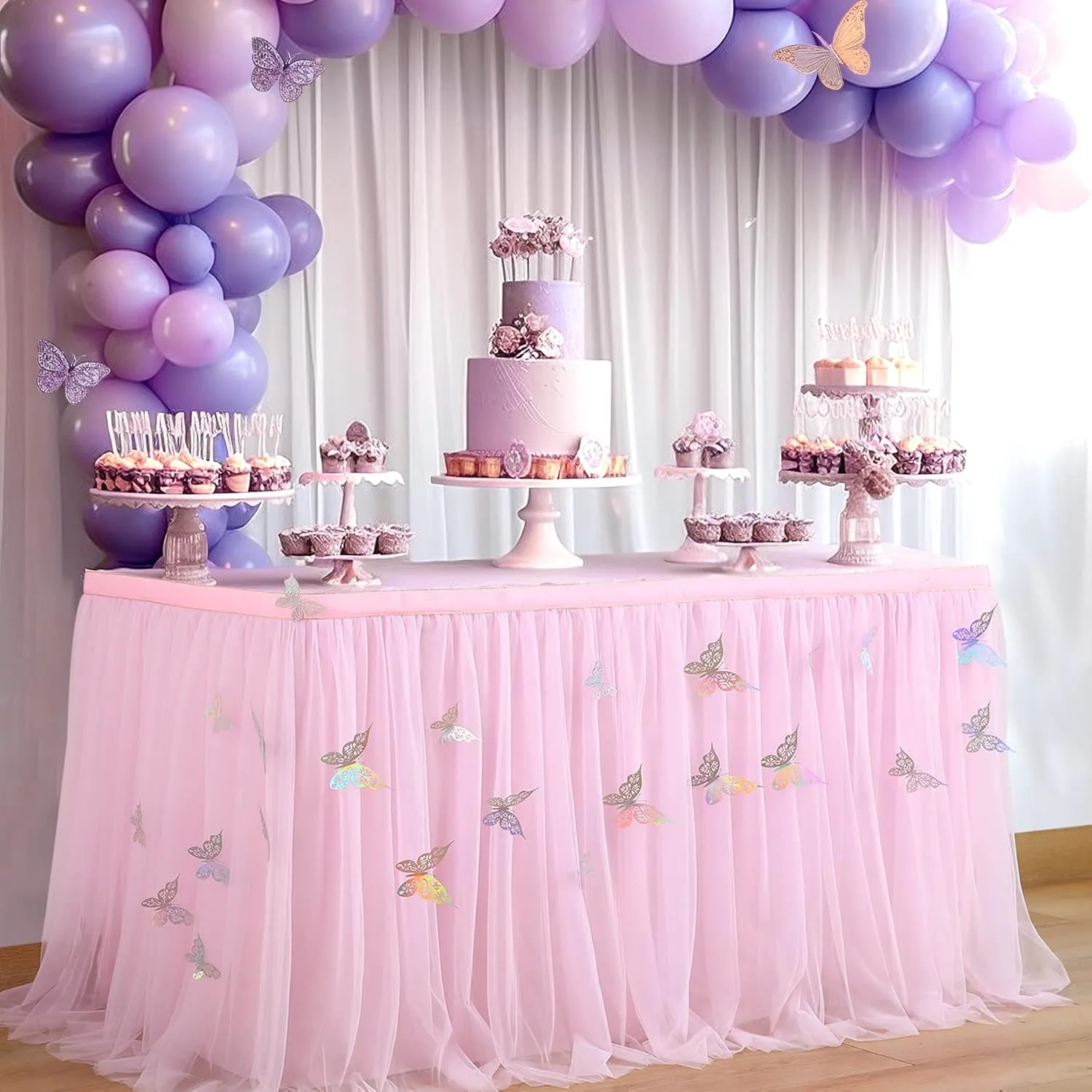 9ft Pink Butterfly Table Skirt for Rectangle Tables or Round Tables Tulle Tutu Table Skirt for Butterfly Theme Baby Shower Girls Birthday Party Wedding Cake Dessert Table Decorations