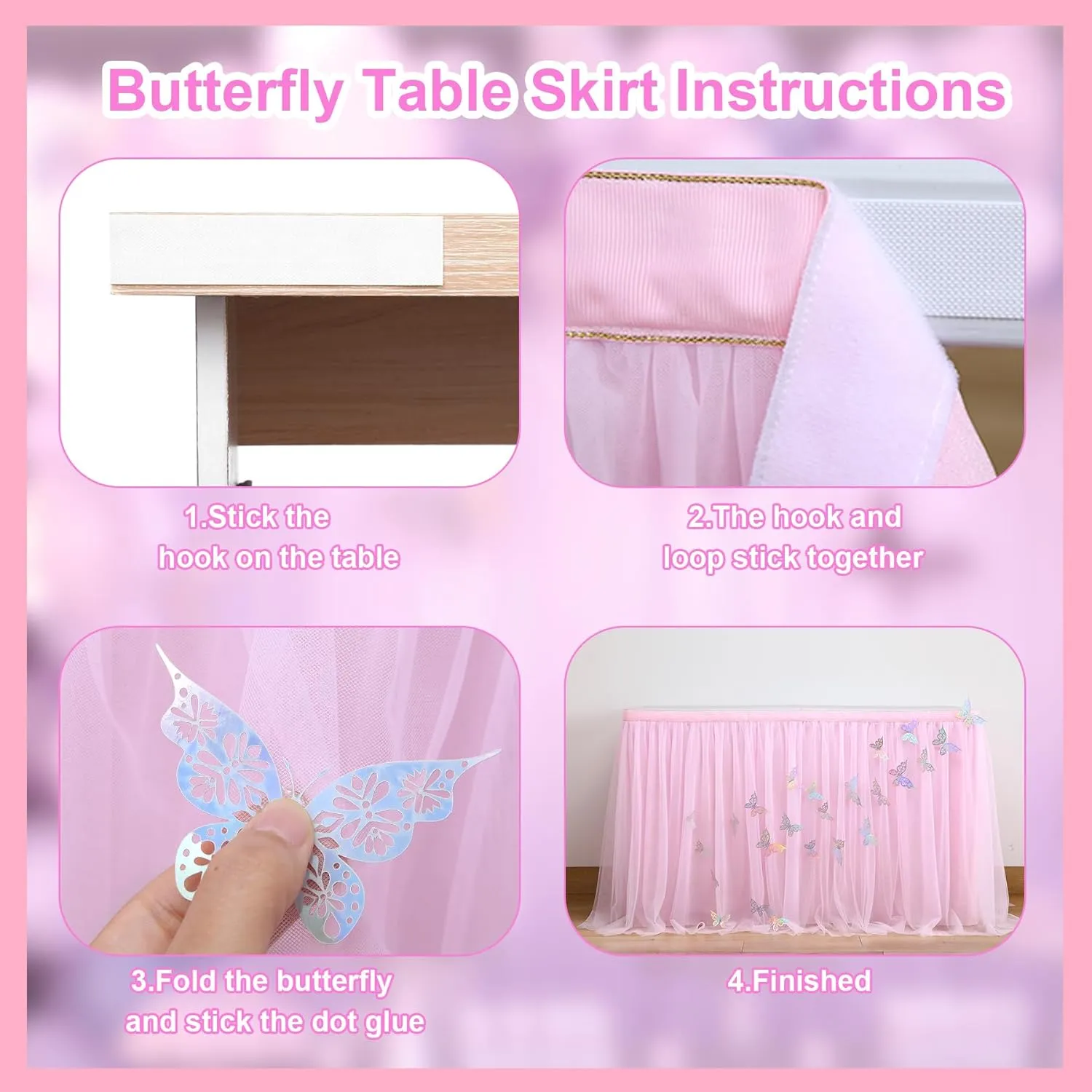 9ft Pink Butterfly Table Skirt for Rectangle Tables or Round Tables Tulle Tutu Table Skirt for Butterfly Theme Baby Shower Girls Birthday Party Wedding Cake Dessert Table Decorations