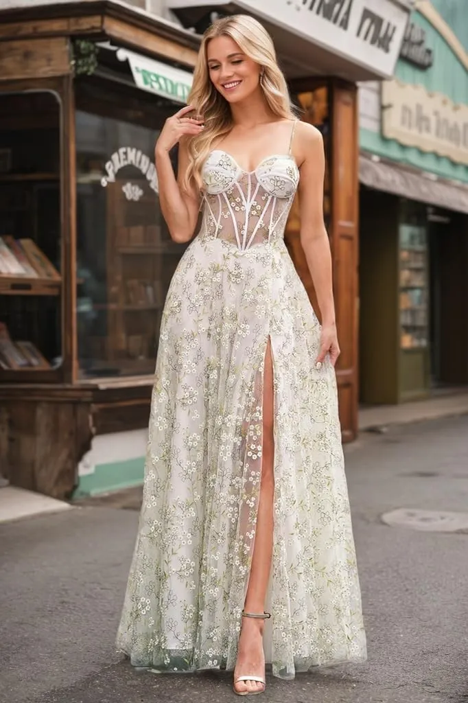 A-line Floral Embroidered Tulle Strapless Dress 2024 Corset Split Dress Spaghetti Strap Cocktail Dresses