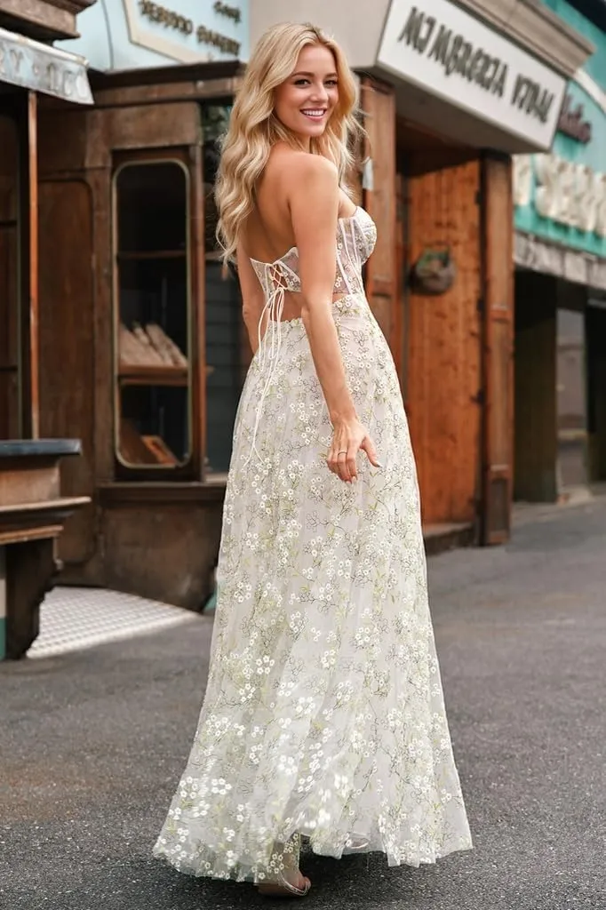 A-line Floral Embroidered Tulle Strapless Dress 2024 Corset Split Dress Spaghetti Strap Cocktail Dresses