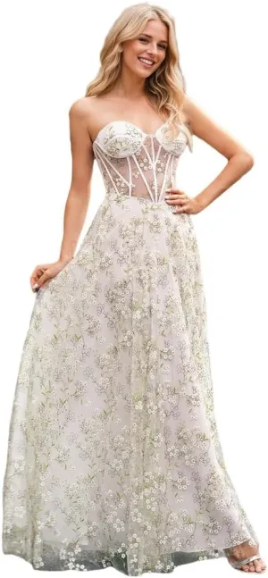 A-line Floral Embroidered Tulle Strapless Dress 2024 Corset Split Dress Spaghetti Strap Cocktail Dresses