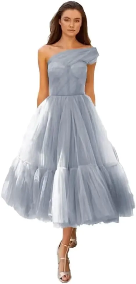 A-line Pleated Tulle Homecoming Dress for Women, Tea Length Sweetheart Prom Dresses Wedding Party Dress