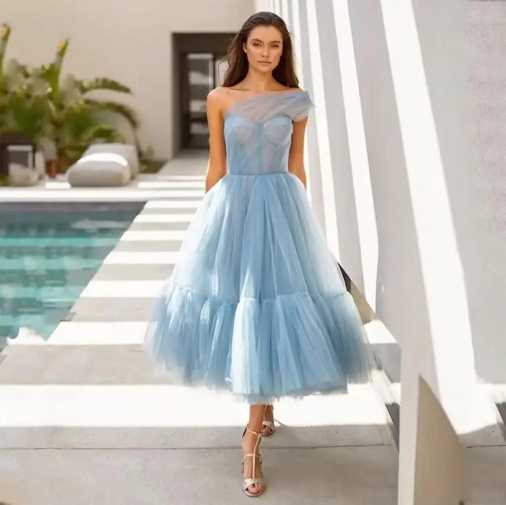 A-line Pleated Tulle Homecoming Dress for Women, Tea Length Sweetheart Prom Dresses Wedding Party Dress