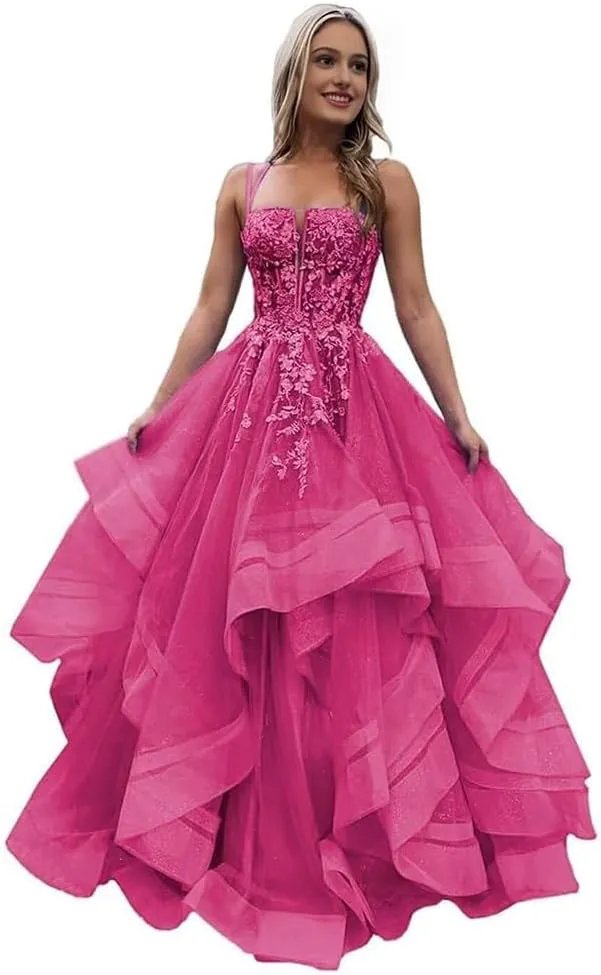 a-line Ruffle Prom Party Dress Spaghetti Straps lace Applique Formal Gowns and Evening Dresses