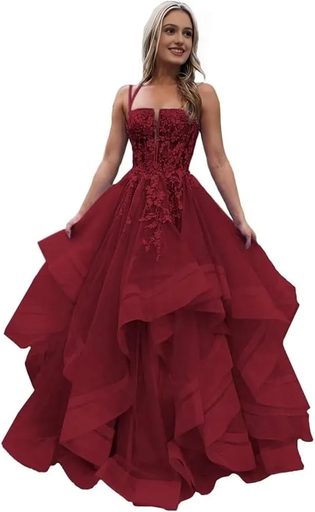 a-line Ruffle Prom Party Dress Spaghetti Straps lace Applique Formal Gowns and Evening Dresses